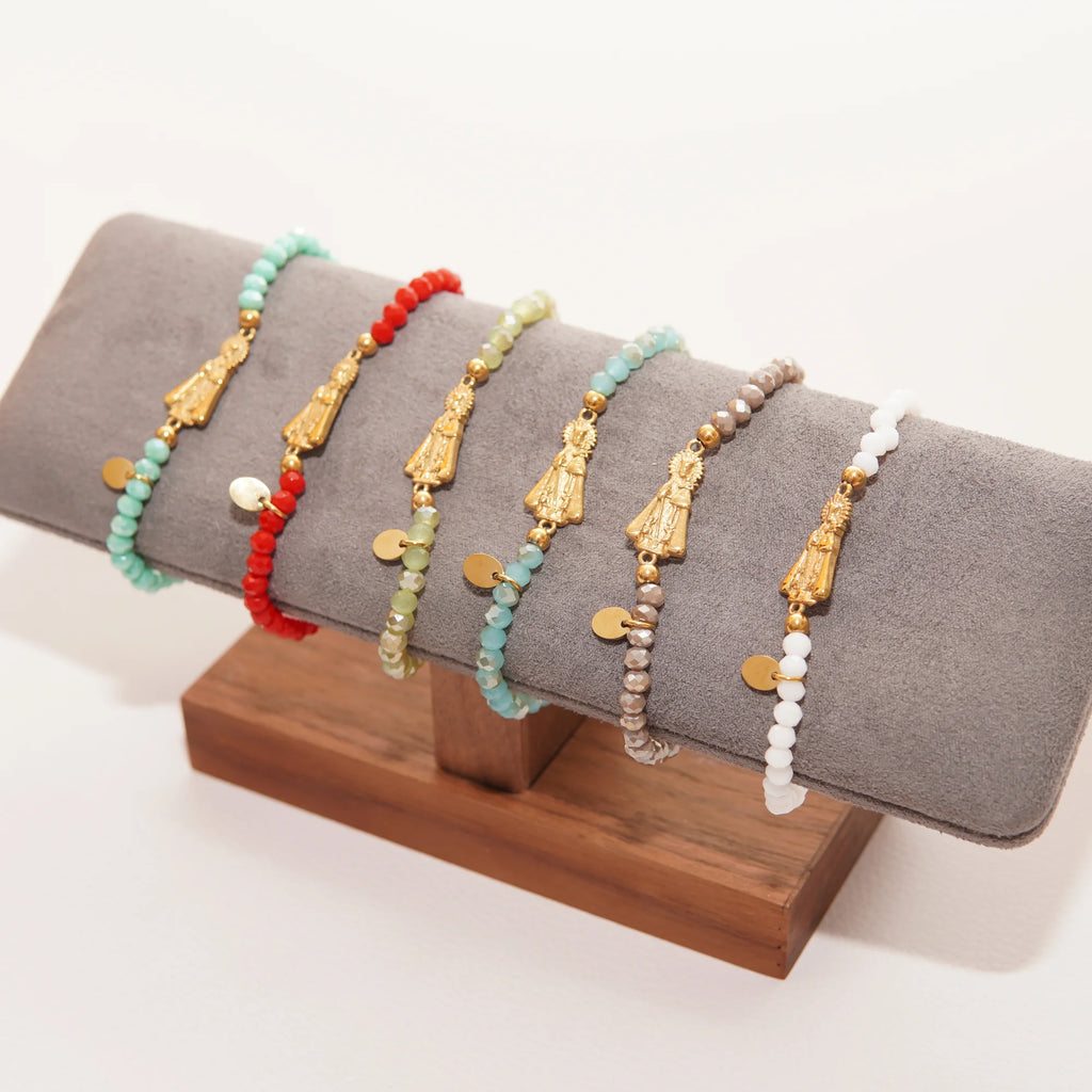 Pulsera de bolas con Virgen dorada – Varios colores